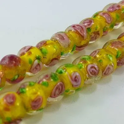Lampwork Beads 8x10mm Rondelle Floral Design Bright Yellow