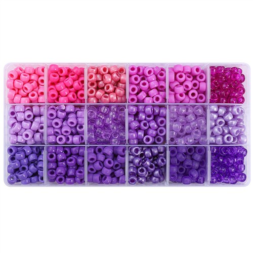 Pony Beads Kit 6x9mm 1350pc 18 Colours Purple and Pink Mix