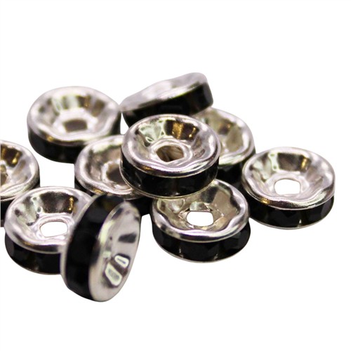 Rondelle Silver Jet Black Crystal 8mm 10pk