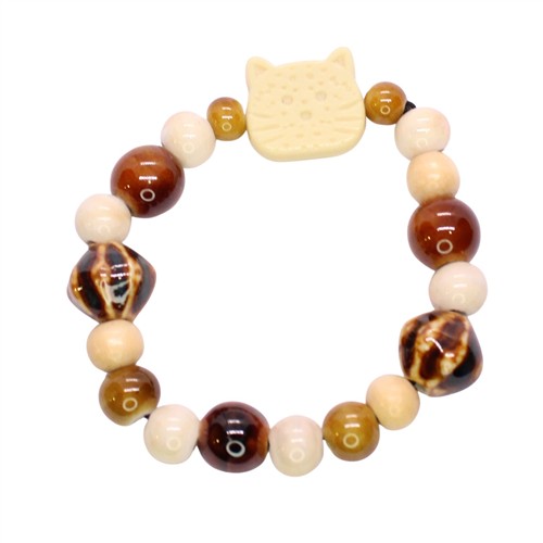 Ceramic Porcelain Beaded Stretch Bracelet Ginger Cat Honey Toned