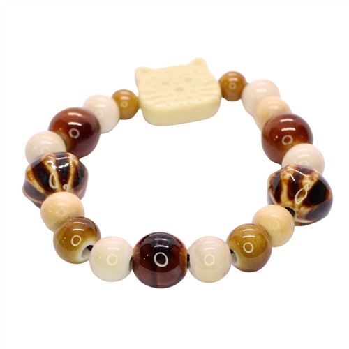 Ceramic Porcelain Beaded Stretch Bracelet Ginger Cat Honey Toned - Image 2