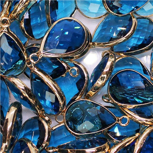 Charm Teardrop 11x17mm Gold Plated Brass Setting Glass Crystal Blue Zircon