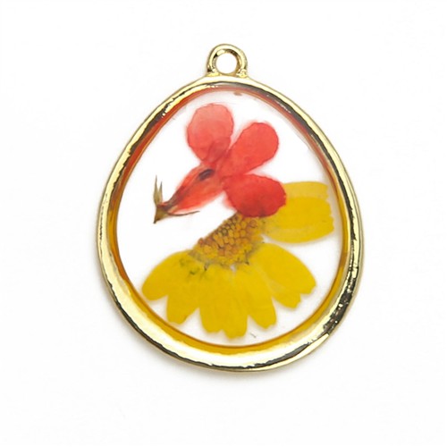 Resin Dried Pressed Flower Pendant 28x35mm Rounded Teardrop - Orange & Yellow
