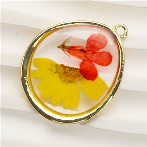 Resin Dried Pressed Flower Pendant 28x35mm Rounded Teardrop - Orange & Yellow - Image 2