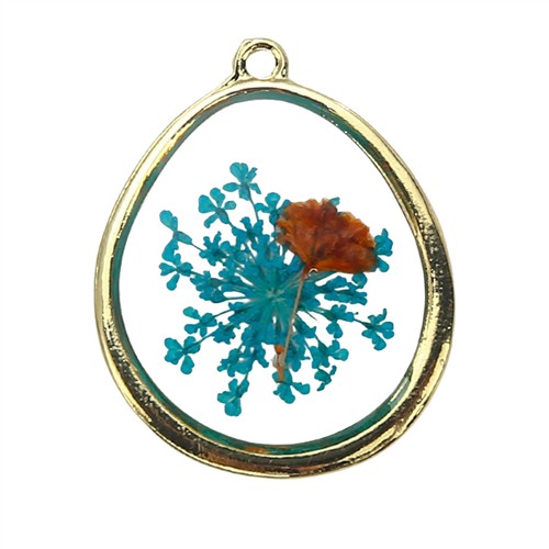 Resin Dried Pressed Flower Pendant 28x35mm Rounded Teardrop - Blue & Orange