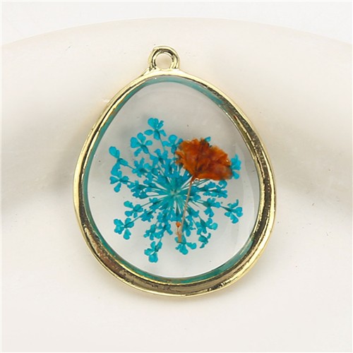 Resin Dried Pressed Flower Pendant 28x35mm Rounded Teardrop - Blue & Orange - Image 2