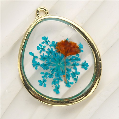 Resin Dried Pressed Flower Pendant 28x35mm Rounded Teardrop - Blue & Orange - Image 3