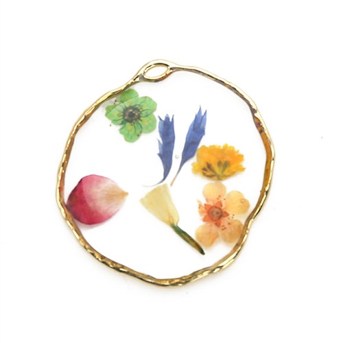 Resin Dried Pressed Flower Pendant 35mm Freeform Oval - Rainbow Floral