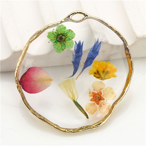 Resin Dried Pressed Flower Pendant 35mm Freeform Oval - Rainbow Floral - Image 2