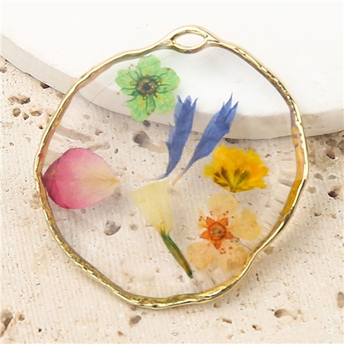 Resin Dried Pressed Flower Pendant 35mm Freeform Oval - Rainbow Floral - Image 3