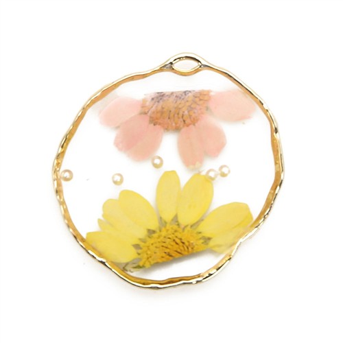 Resin Dried Pressed Flower Pendant 35mm Freeform Oval - Pink Yellow with Pearls