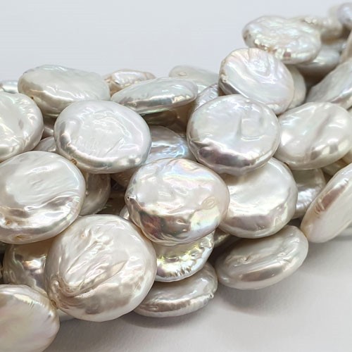 Freshwater Pearl 17mm Flat Coin Natural Cream Rainbow Luster Beads Strand - Image 2