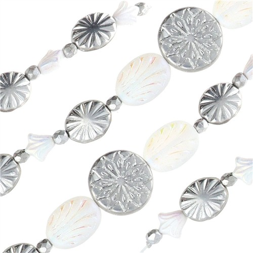 Czech Table Cut and Pressed Beads Silver Deco Mix Strand